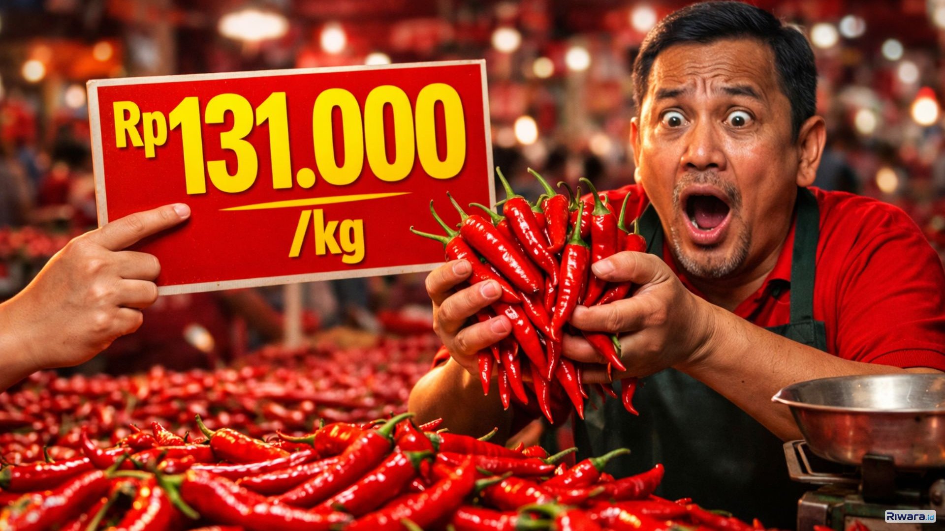 Lonjakan harga cabai rawit merah hingga Rp131 ribu per kilogram di pasar tradisional Setelah Lebaran 2026.
